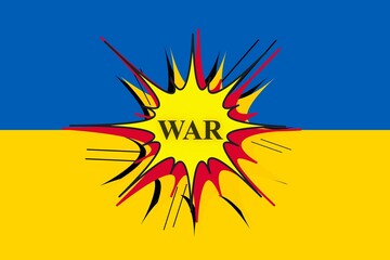 Ukrainian flag with a fire in the center and the text “WAR”