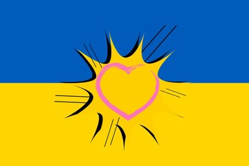 Ukraine flag with the pink heart shape in the center .