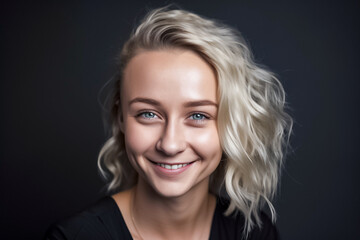 Fototapeta premium A smiling beautiful young blond American European woman posing in a black top and black cloth on a black background.