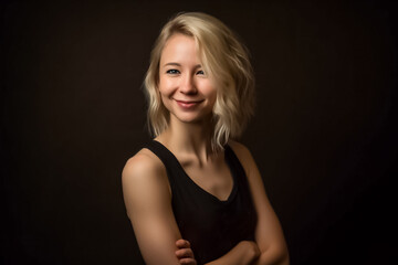 Fototapeta na wymiar A smiling beautiful young blond American European woman posing in a black top and black cloth on a black background.