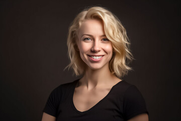 A smiling beautiful young blond American European woman posing in a black top and black cloth on a black background.