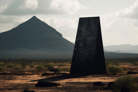 Black Ancient Pyramidal Monolith In Distant Natural Landscape Generative Ai