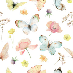 Wildflowers and Butterflies Watercolor vector seamless pattern.