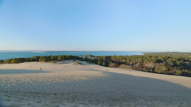 Panoramic view from top of Dune of Pilat with horizon and ocean bay, Arachon, France