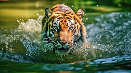 Fototapeta na wymiar Siberian tiger in the water in the wild.