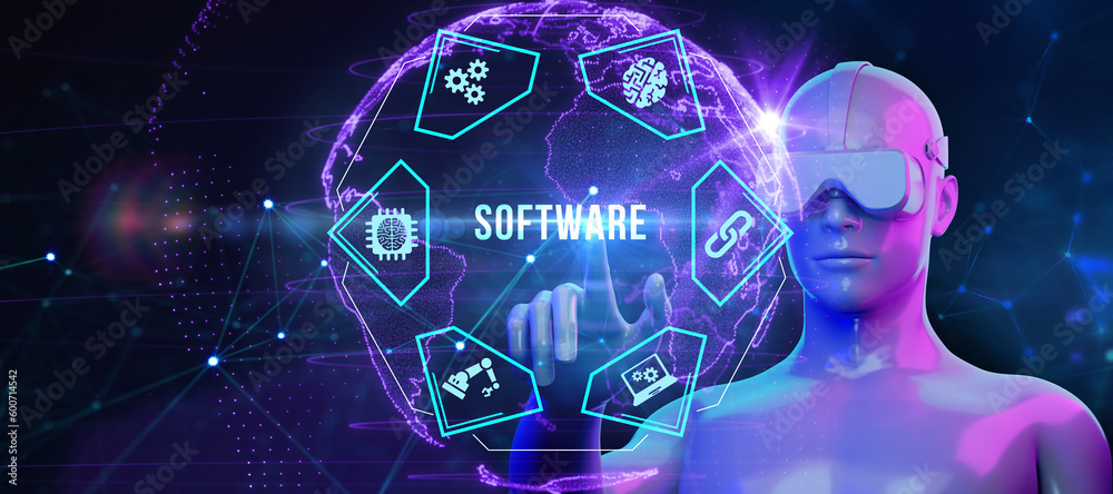 Wall mural software development and business process automation, internet and technology concept on virtual scr