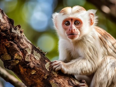 White-brown monkey in the jungle of Brazil close-up.