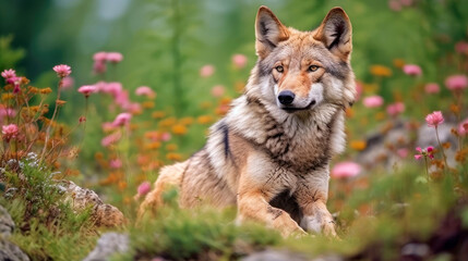 Eurasian wolf in the forest close-up.