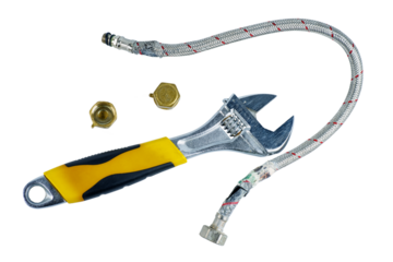 Old damaged armored cold water hose and universal pipe wrench isolated on white background.Top view