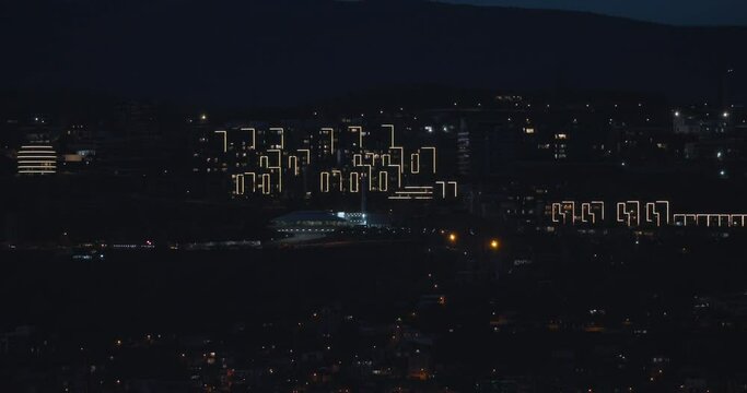 Georgia Emergency Control Centre 112, Tbilisi. Night Illuminated City Buildings. Night City Life. Modern Architecture Of Tbilisi.