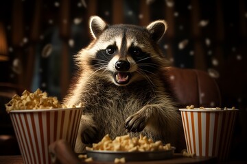 Movie night with a furry friend! A comical illustration of a raccoon eating popcorn, appearing as if it's enjoying a movie - obrazy, fototapety, plakaty