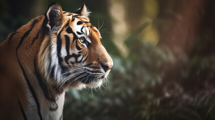 Naklejka premium Nature comes alive with a majestic tiger, embodying the essence of the jungle and wildlife through its striking features, powerful presence. Beauty and danger of this incredible big cat. Generative AI