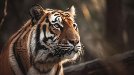 Fototapeta premium Nature comes alive with a majestic tiger, embodying the essence of the jungle and wildlife through its striking features, powerful presence. Beauty and danger of this incredible big cat. Generative AI