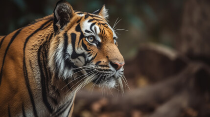 Obraz premium Nature comes alive with a majestic tiger, embodying the essence of the jungle and wildlife through its striking features, powerful presence. Beauty and danger of this incredible big cat. Generative AI