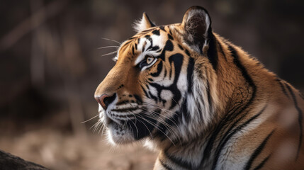 Obraz premium Nature comes alive with a majestic tiger, embodying the essence of the jungle and wildlife through its striking features, powerful presence. Beauty and danger of this incredible big cat. Generative AI