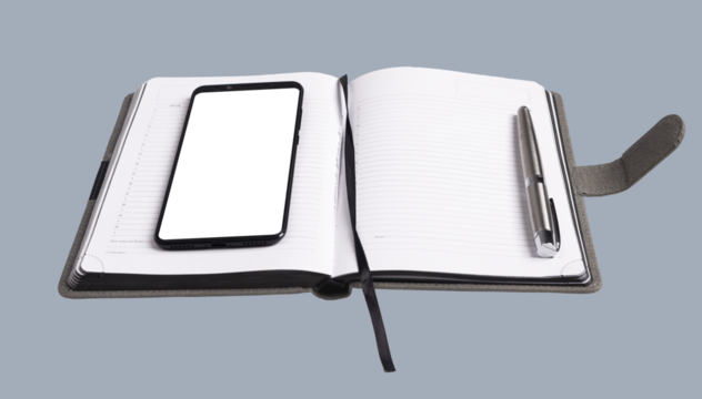 Phone mockup on business planner with pen. Work app