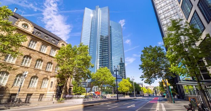 Modern financial building in downtown areas. Time lapse of Deutsche Bank towers in the heart of Frankfurt.