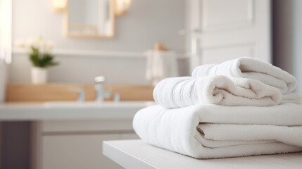 A stack of white towels in a bright modern bathroom. Photorealistic illustration generative AI.