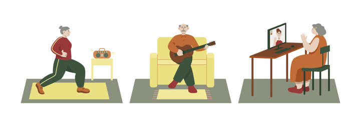 Older people exercising, playing guitar, talking to relatives online illustrations set