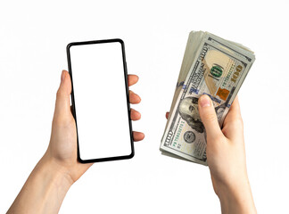 Mobile phone screen mockup for finance app. Smartphone mock up and money cash in hand isolated on white background