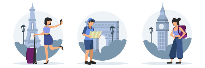 Flat style illustrations set of tourist recreation in popular places