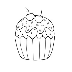 Hand drawn cupcake isolated element in black and white. Sweet dessert coloring page. Vector illustration