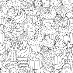 Doodle cupcakes black and white seamless pattern. Sweet cupcakes background for coloring book. Food outline print. Vector illustration - 600717393