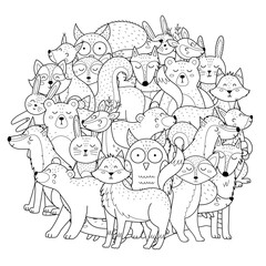Cute forest animals circle shape coloring page. Woodland characters mandala for coloring book. Vector illustration