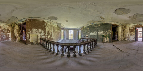 360 hdri panorama inside abandoned empty concrete room or old building with stairs in seamless...