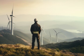 Maintenance engineer wind turbine sunrise. Generate Ai