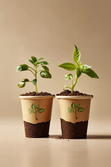 Fototapeta na wymiar Young plants sprouting from two recyclable paper coffee cups filled with earth, partially removed cups, environmentally friendly, recycling, generated with AI