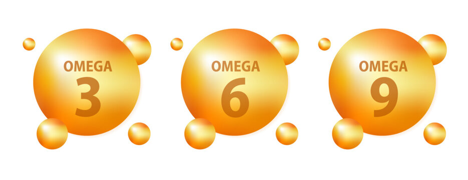 Set of gold drops icons Omega Three, Six And Nine. Polyunsaturated fatty Omega-3, Omega-6, Omega-9. Natural Fish, Organic Vitamin, Nutrient. Omega Fatty Acid, EPA, DHA. Capsules. Vector illustration