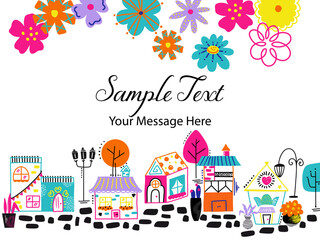 Fototapeta premium Fun Doodle Houses in Multicolor with Retro Flowers Vector Card Background
