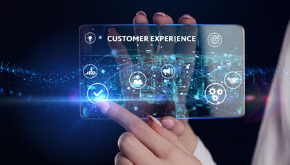 CUSTOMER EXPERIENCE inscription, social networking concept. Business, Technology, Internet and network concept. 3d illustration