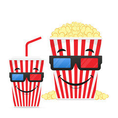 Cute Pop Corn Popcorn Bucket Box and Soda Cup Wear Cinema Movie 3D Glasses Cartoon Character. Cinema design in flat style. Smile. Movie time. Cinema poster. Vector illustration