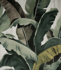 Muted colored leaves, arrangement of banana leaves. Drawing, painting of natural foliage. Organic plant textured background. Vintage feel for backdrops. Poster or phone banner. Generative AI.