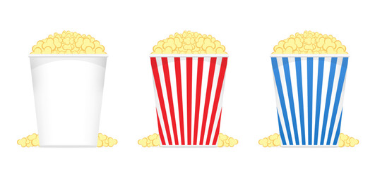 Popcorn red and blue buckets isolated on transparent background. Cinema design in flat style. Movie time. Cinema poster. Vector illustration