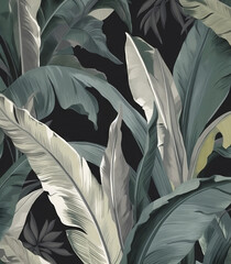 Muted colored leaves, arrangement of banana leaves. Drawing, painting of natural foliage. Organic plant textured background. Vintage feel for backdrops. Poster or phone banner. Generative AI.