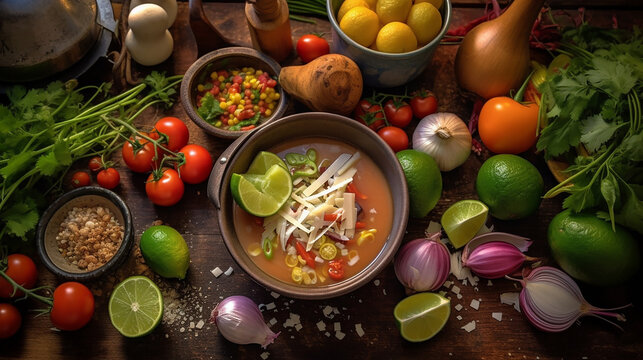 Generative AI image of Tortilla soup, a traditional Mexican soup that is made with a tomato-based broth, shredded chicken, and crispy tortilla strips