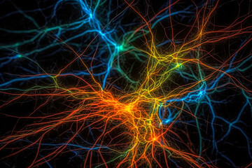 Illustration of neural cells with a light pulse on a dark background. Generative AI.