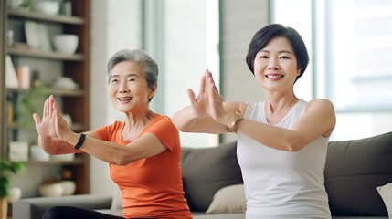 Fototapeta na wymiar Asian chinese senior woman friends enjoying home workout in apartment living room, Generative AI