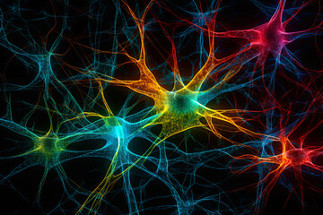 Illustration of neural cells with a light pulse on a dark background. Generative AI.