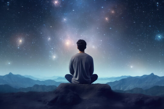 A man sits in a pose of meditation on a mountain against the backdrop of space. AI generative.