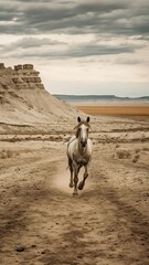Horse running free on a sandy dirt road, Generative AI