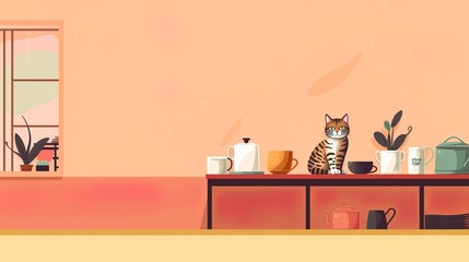 Cat cafe themed background with empty copy space for text, Generative AI