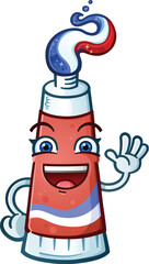A childlike toothpaste cartoon character mascot with red white and blue gel shaped into a hairdo with a big smile waving to get your attention about dental health