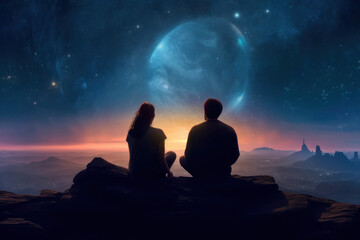 A woman and a man sit side by side against the backdrop of space. AI generative.
