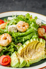 delicious fresh salad with shrimp, blue cheese and avocado