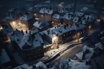 Winter town covered in snow. Tech-created. , .highly detailed,   cinematic shot   photo taken by sony   incredibly detailed, sharpen details   highly realistic   professional photography lighting   li - obrazy, fototapety, plakaty