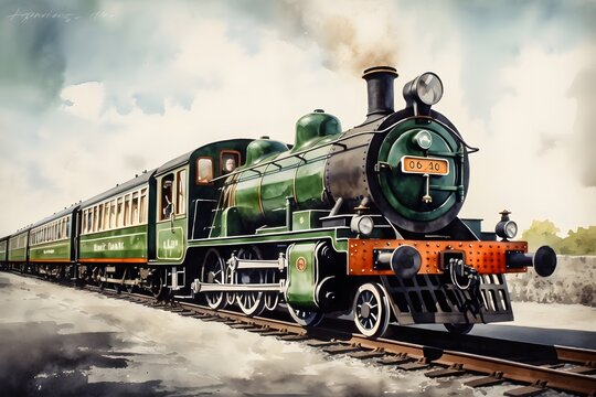 Watercolor painting of a historic Irish train adorned for St. Patrick s Day. , .highly detailed,   cinematic shot   photo taken by sony   incredibly detailed, sharpen details   highly realistic   prof